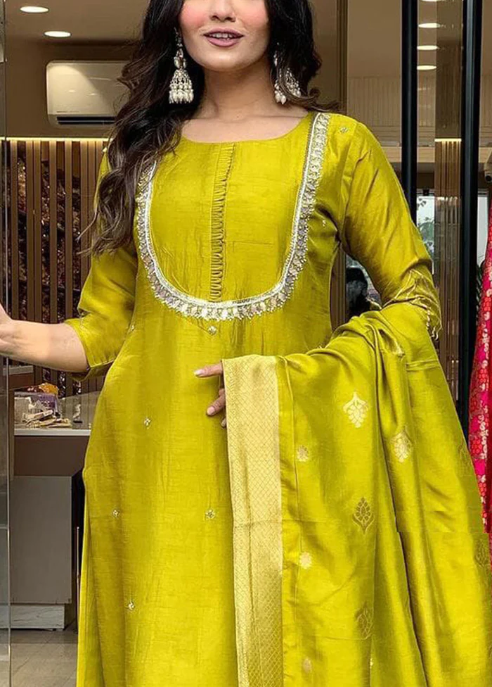 3 Pc Yellow Readymade Viscose Dupatta Suit Set - Image 3