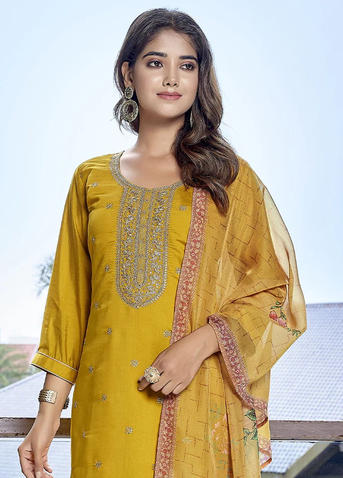 3 Pc Yellow Readymade Viscose Dupatta Suit Set - Image 2