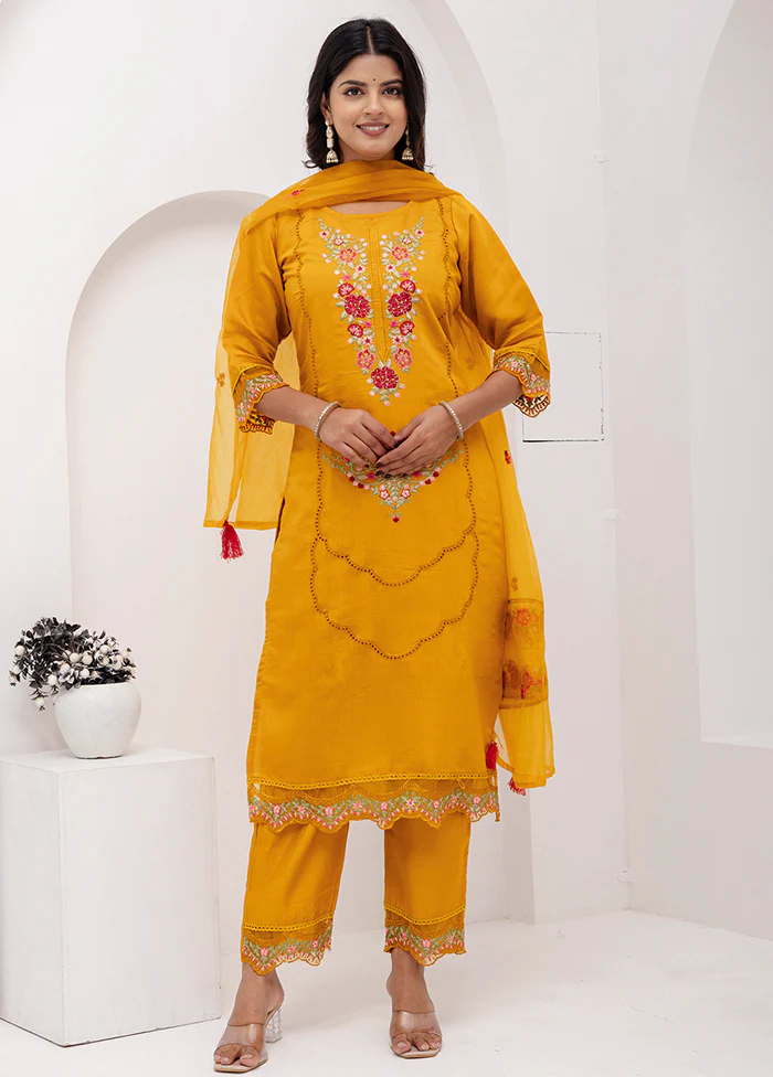 3 Pc Yellow Readymade Viscose Dupatta Suit Set