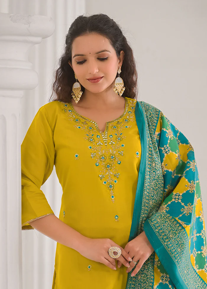3 Pc Yellow Readymade Viscose Dupatta Suit Set - Image 2