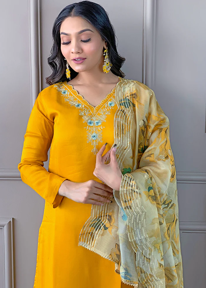 3 Pc Yellow Readymade Viscose Dupatta Suit Set - Image 2