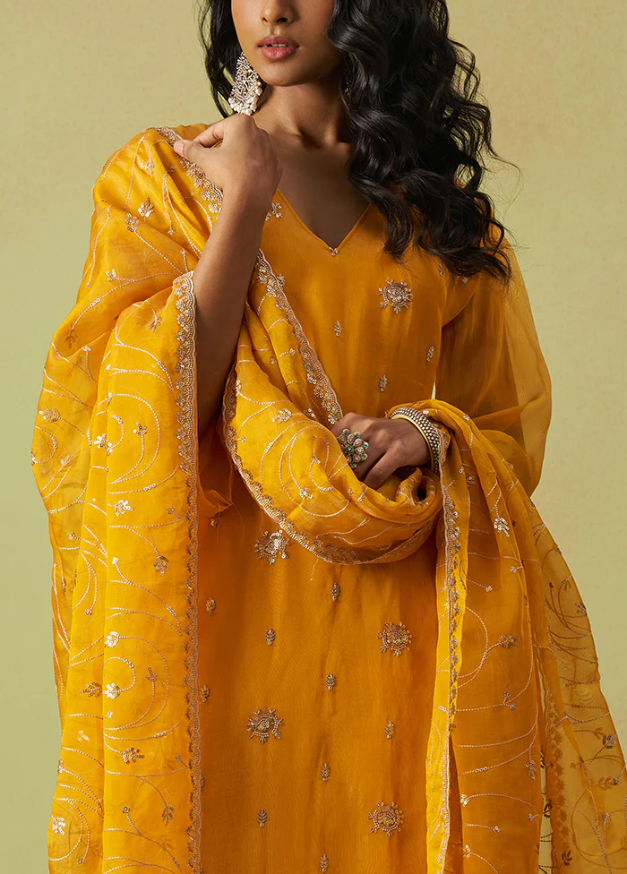 3 Pc Yellow Semi Stitched Silk Suit Set - Image 3