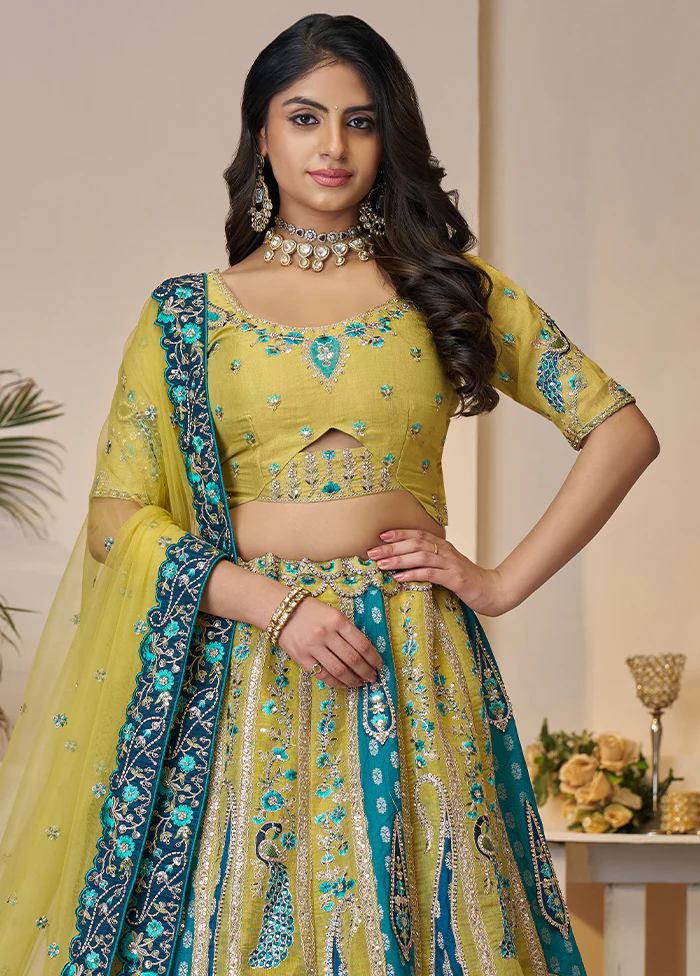 3 Pc Yellow Silk Semi Stitched Lehenga Set - Image 2