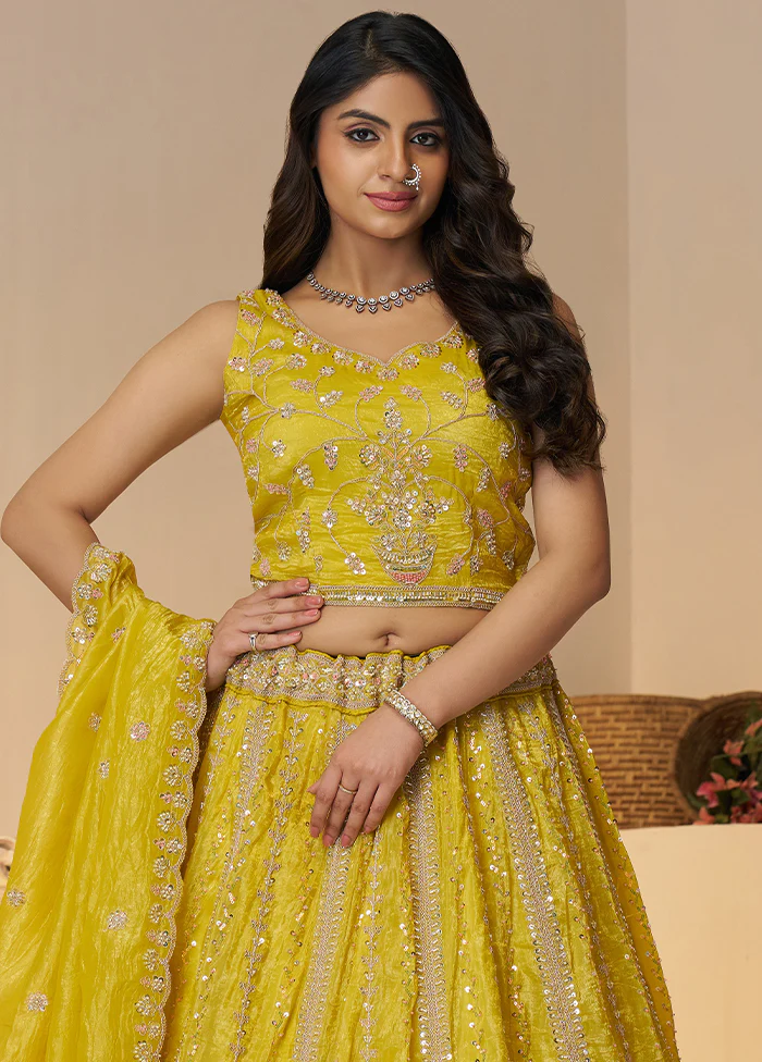 3 Pc Yellow Silk Semi Stitched Lehenga Set - Image 2