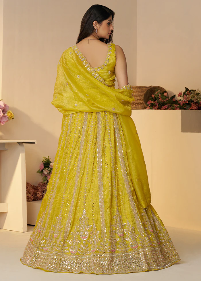 3 Pc Yellow Silk Semi Stitched Lehenga Set - Image 3