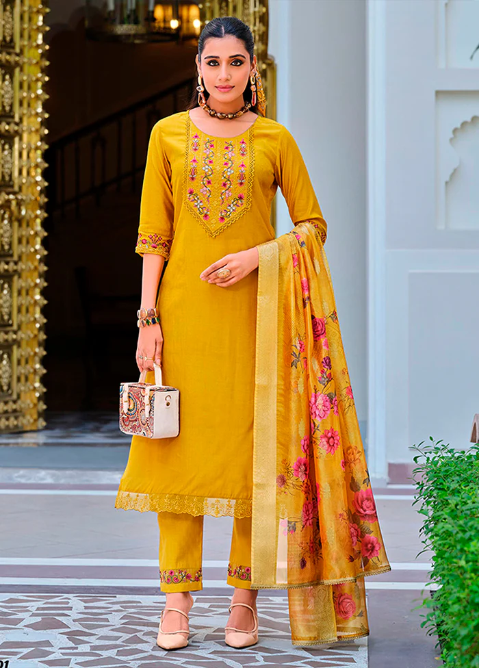 3 Pc Yellow Silk Suit Set