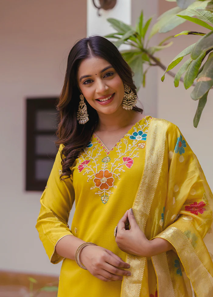 3 Pc Yellow Silk Suit Set - Image 2