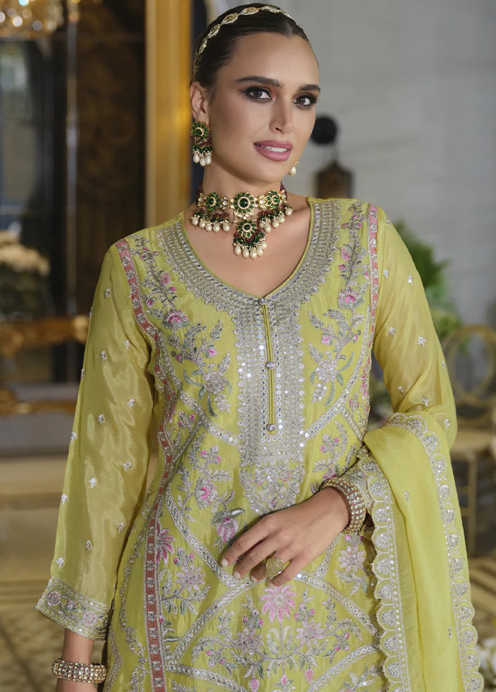 3 Pc Yellow Silk Plazzo Suit Set - Image 2