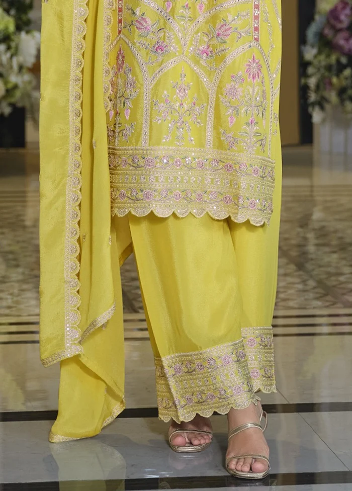 3 Pc Yellow Silk Plazzo Suit Set - Image 3