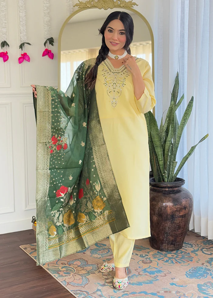 3 Pc Yellow Silk Suit Set