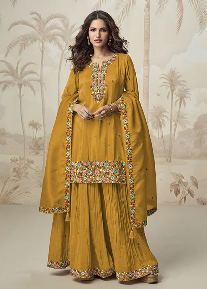 3 Pc Yellow Silk Palazzo Suit Set