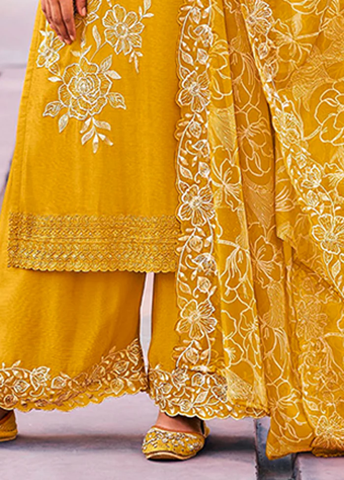 3 Pc Yellow Silk Plazzo Suits Set - Image 3