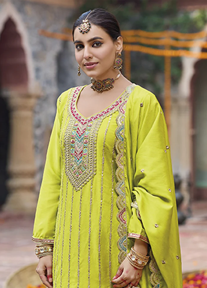 3 Pc Yellow Silk Plazzo Suits Set - Image 2