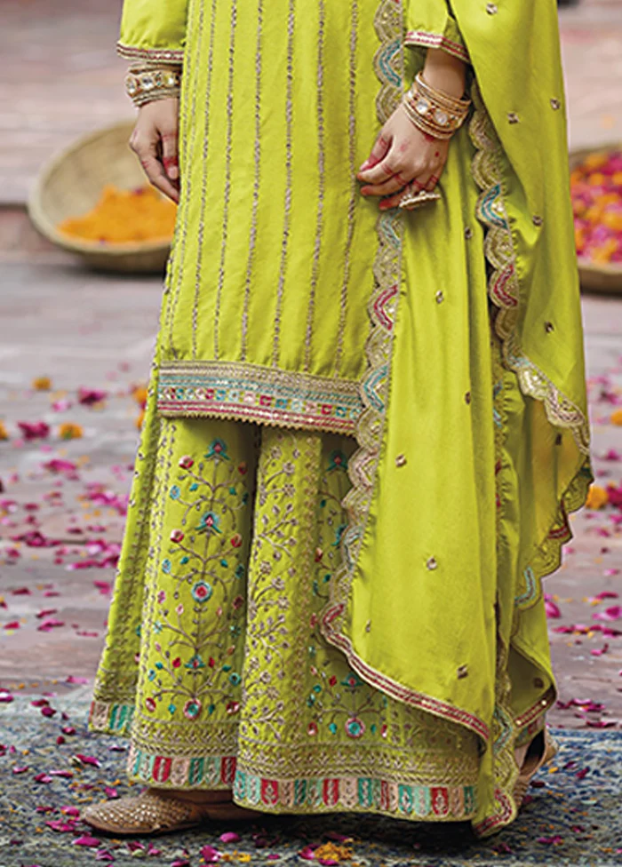 3 Pc Yellow Silk Plazzo Suits Set - Image 3