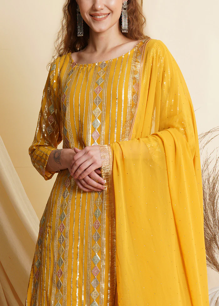 3 Pc Yellow Unstitched Georgette Suit Set - Image 3