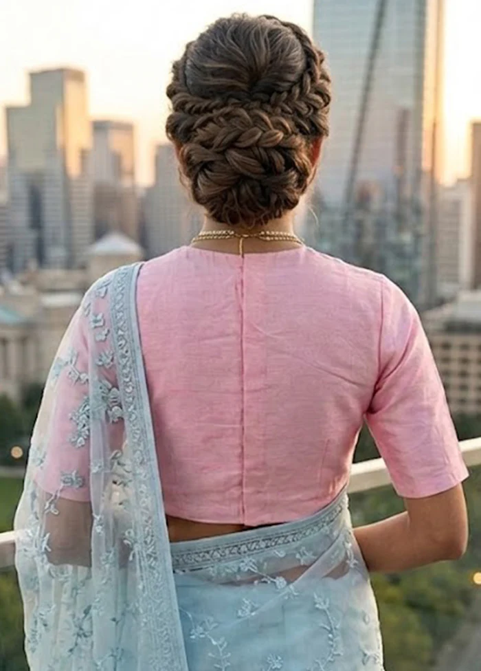 Baby Pink High Neck Designer Blouse - Image 2