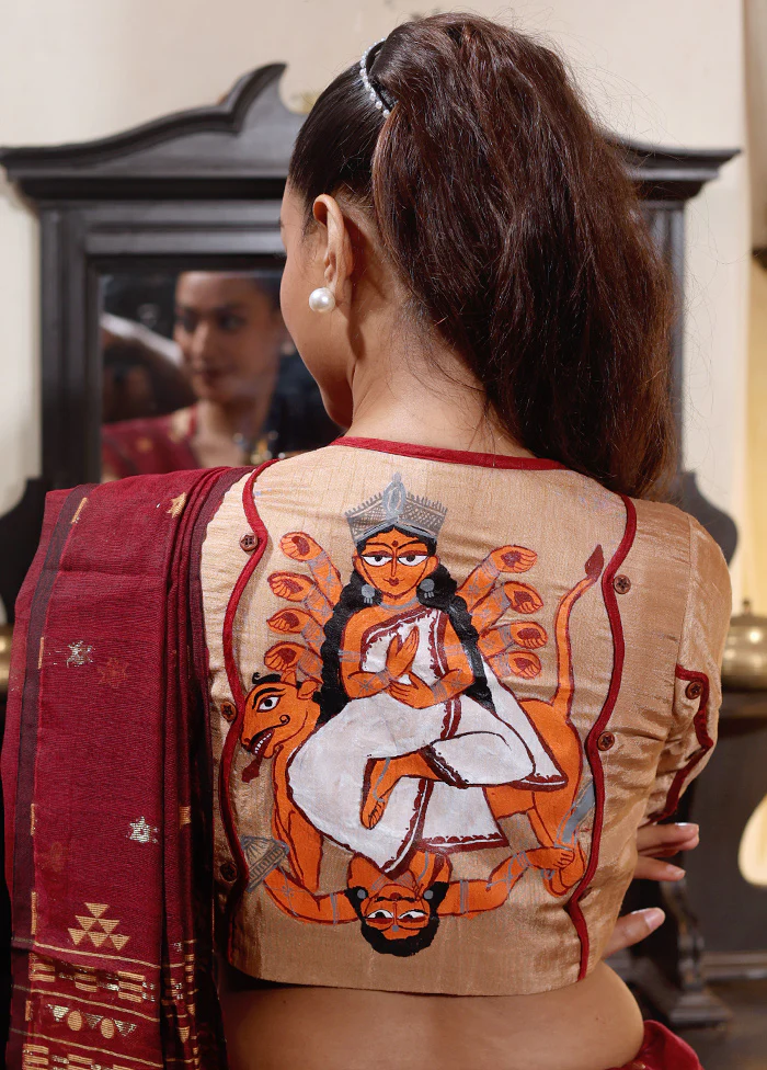 Beige Durga Maa Hand Painted Designer Blouse - Image 2