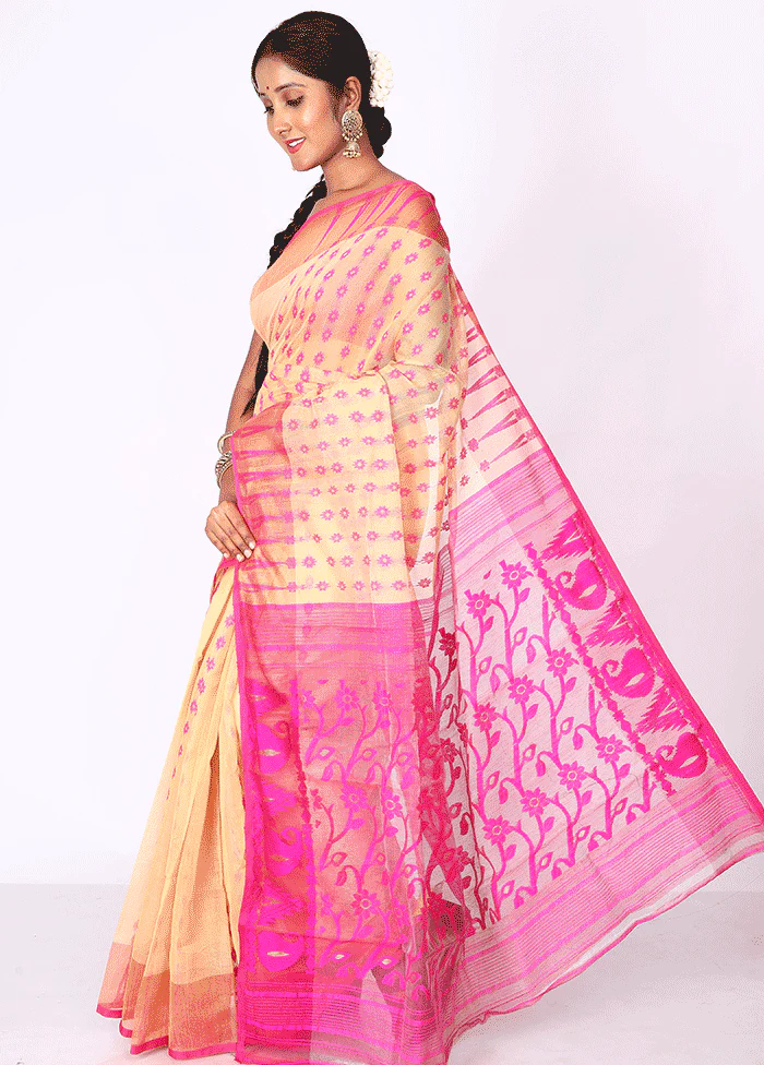 Beige Tant Jamdani Saree Without Blouse Piece - Image 4