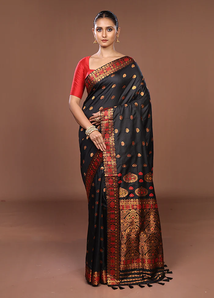 Black Assam Silk Saree With Blouse Piece - Image 2