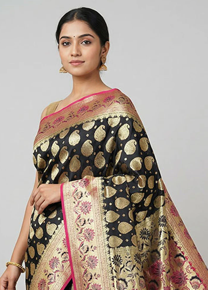 Black Banarasi Silk Saree With Blouse Piece - Image 2