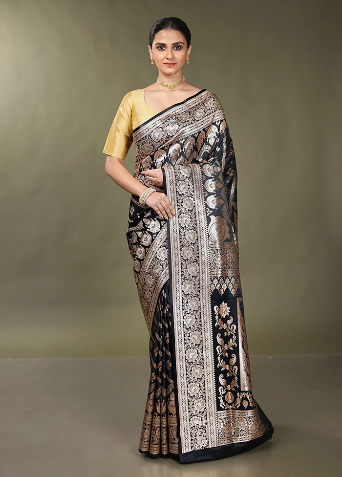 Black Banarasi Silk Saree With Blouse Piece - Image 2