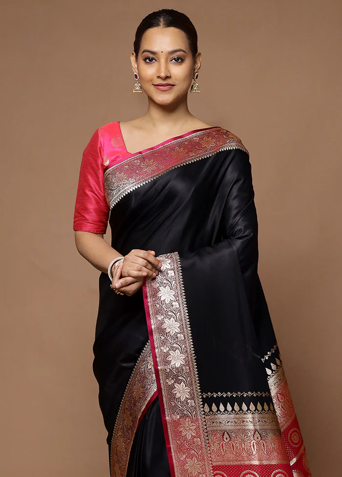 Black Banarasi Silk Saree With Blouse Piece - Image 2