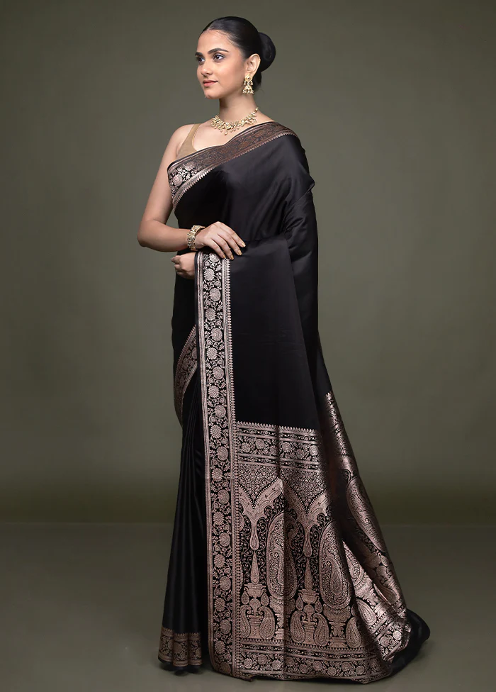 Black Banarasi Silk Saree With Blouse Piece - Image 4
