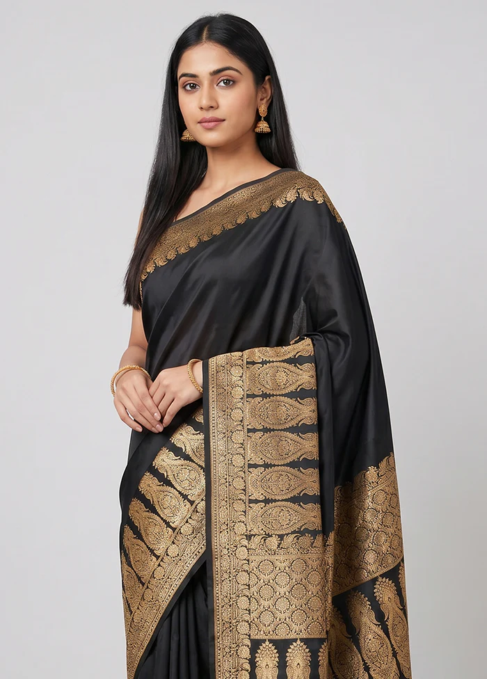 Black Banarasi Silk Saree With Blouse Piece - Image 2