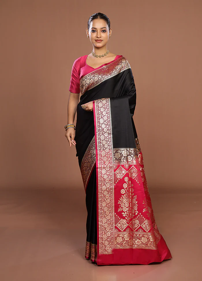 Black Banarasi Silk Saree With Blouse Piece - Image 2