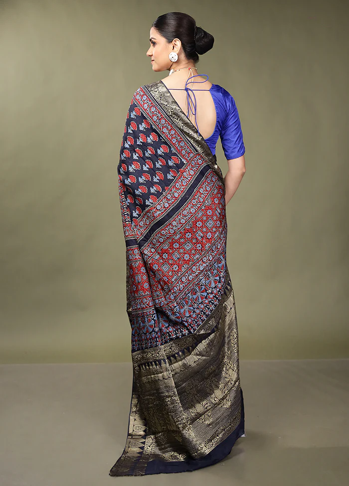 Black Chanderi Cotton Saree With Blouse Piece - Image 3