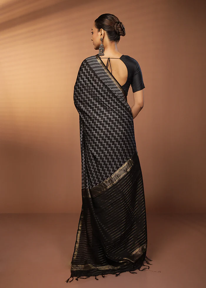 Black Chanderi Cotton Saree With Blouse Piece - Image 3