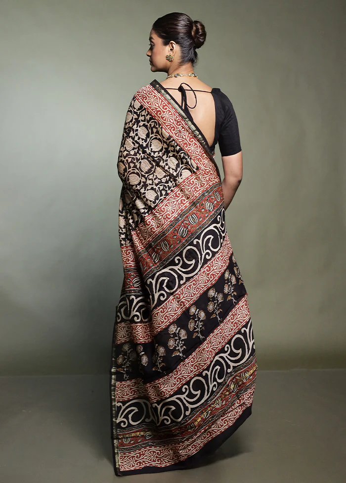 Black Chanderi Cotton Saree With Blouse Piece - Image 3