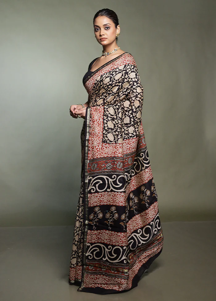 Black Chanderi Cotton Saree With Blouse Piece - Image 4