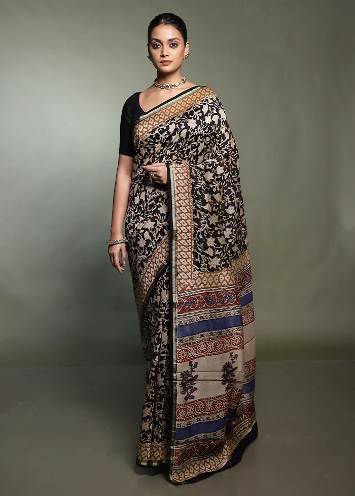 Black Chanderi Cotton Saree With Blouse Piece - Image 2