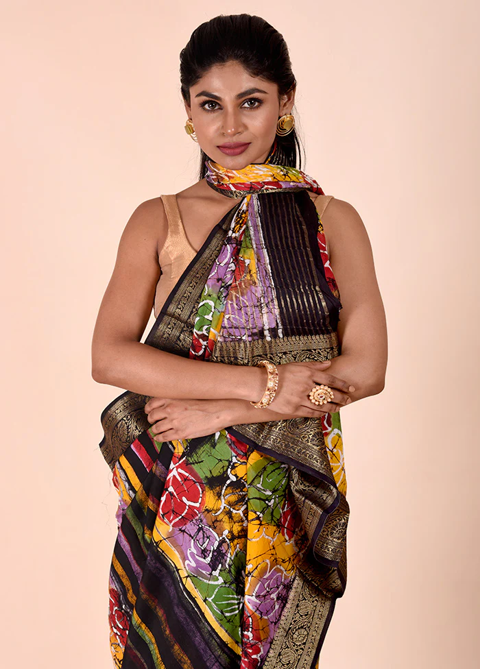Black Chanderi Cotton Saree With Blouse Piece - Image 2