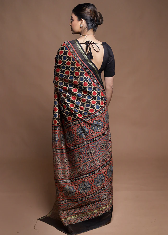 Black Chanderi Cotton Saree With Blouse Piece - Image 3