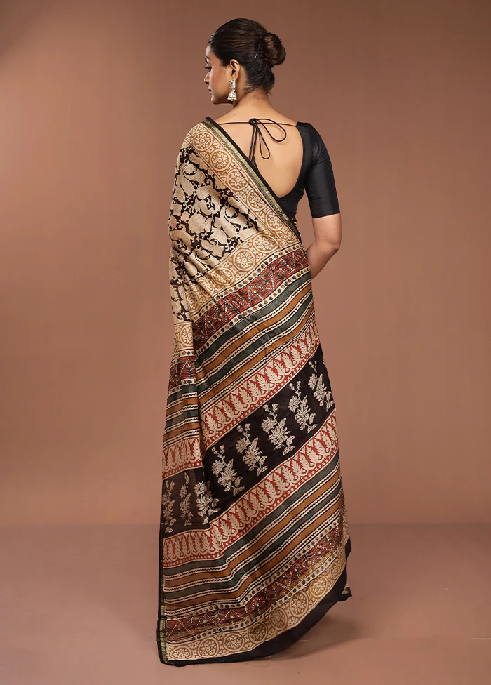 Black Chanderi Cotton Saree With Blouse Piece - Image 3