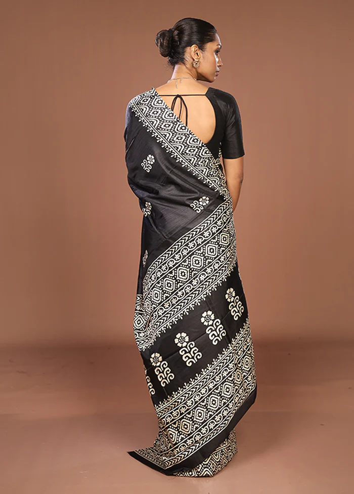 Black Chanderi Cotton Saree With Blouse Piece - Image 3