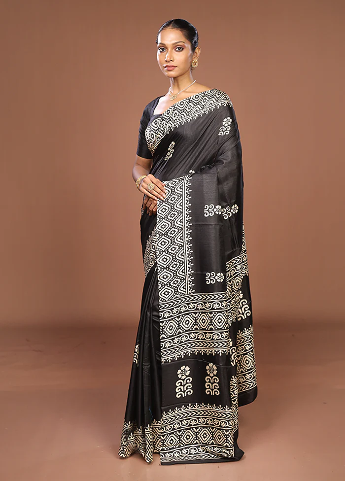 Black Chanderi Cotton Saree With Blouse Piece - Image 4