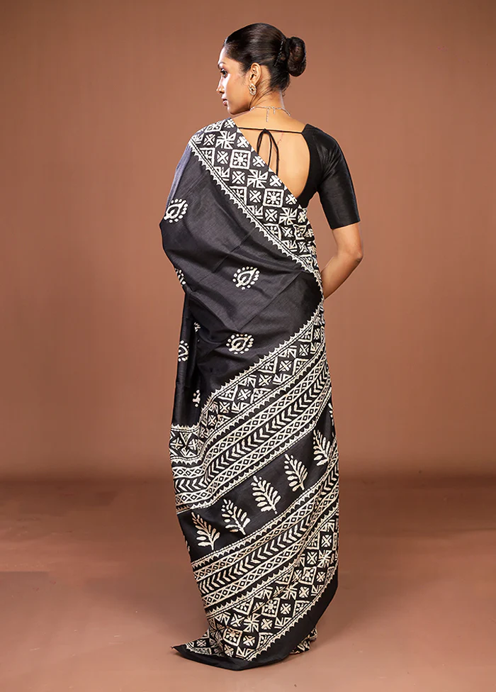 Black Chanderi Cotton Saree With Blouse Piece - Image 3