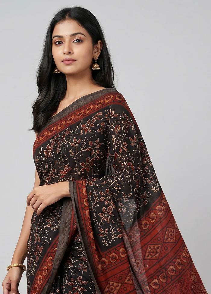 Black Chanderi Silk Saree With Blouse Piece - Image 2