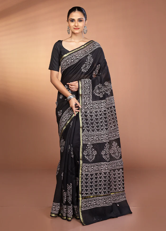 Black Chanderi Silk Saree With Blouse Piece - Image 2