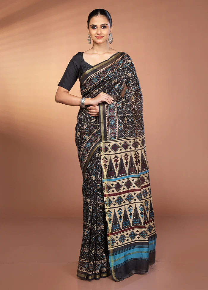 Black Chanderi Silk Saree With Blouse Piece - Image 2