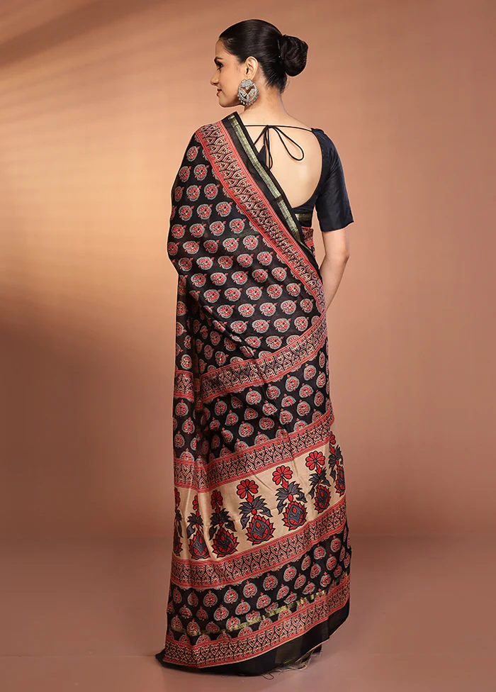 Black Chanderi Silk Saree With Blouse Piece - Image 3