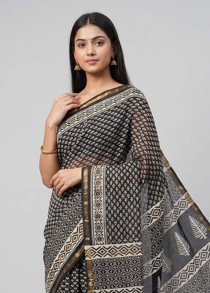 Black Chanderi Silk Saree With Blouse Piece - Image 2