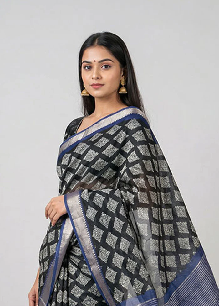 Black Chanderi Silk Saree With Blouse Piece - Image 2