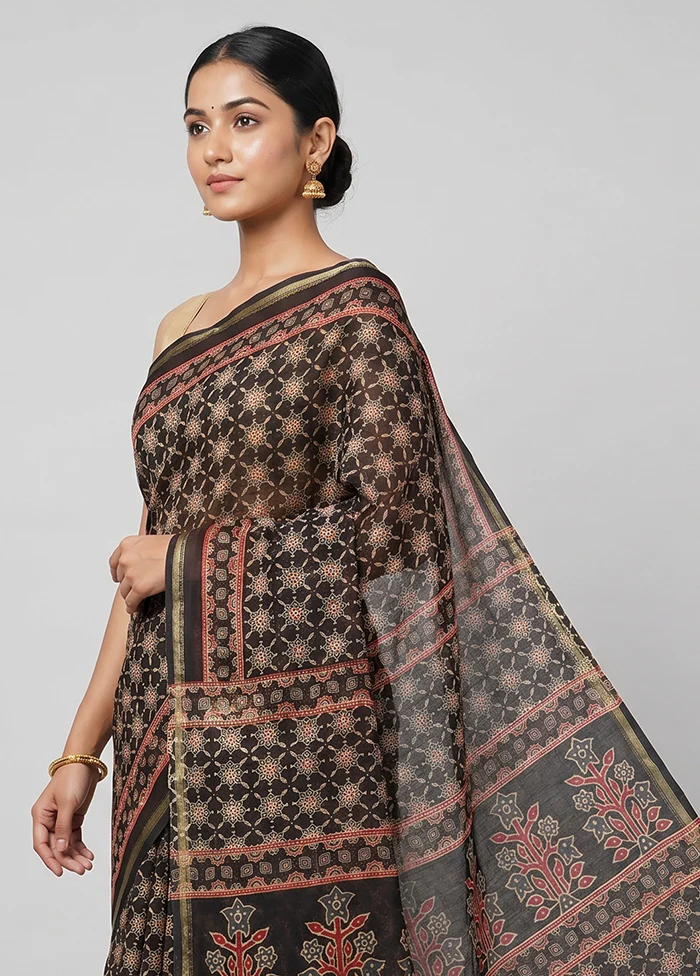 Black Chanderi Silk Saree With Blouse Piece - Image 2