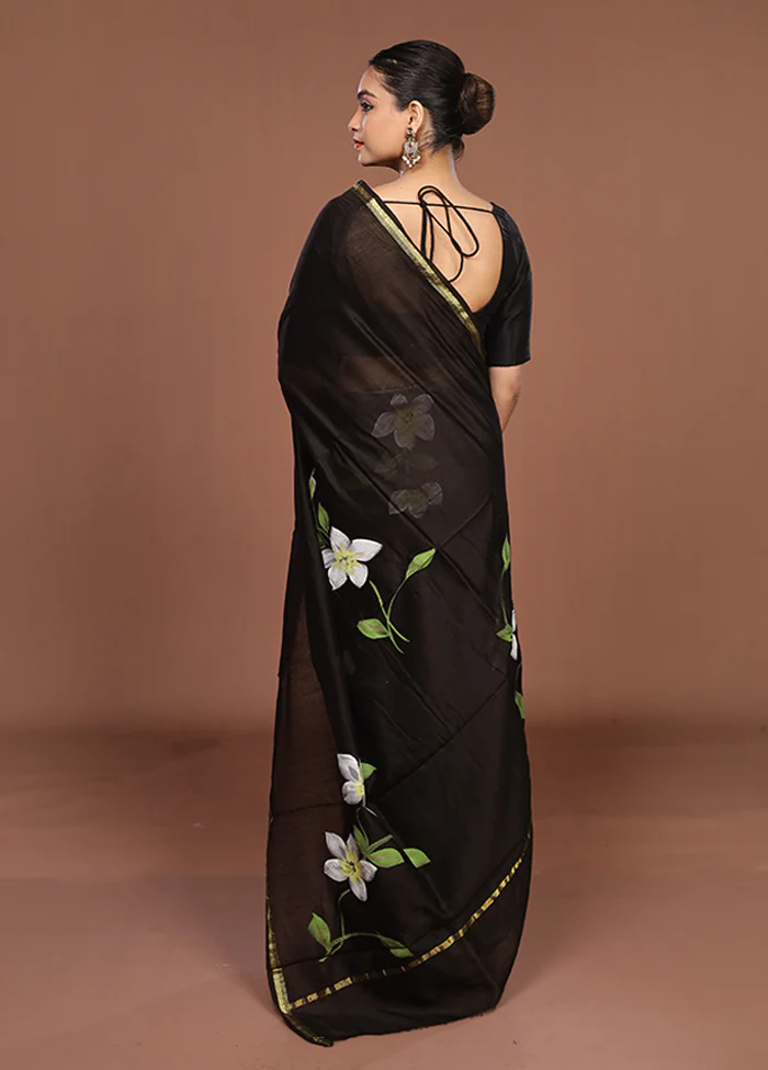 Black Chanderi Silk Saree With Blouse Piece - Image 3