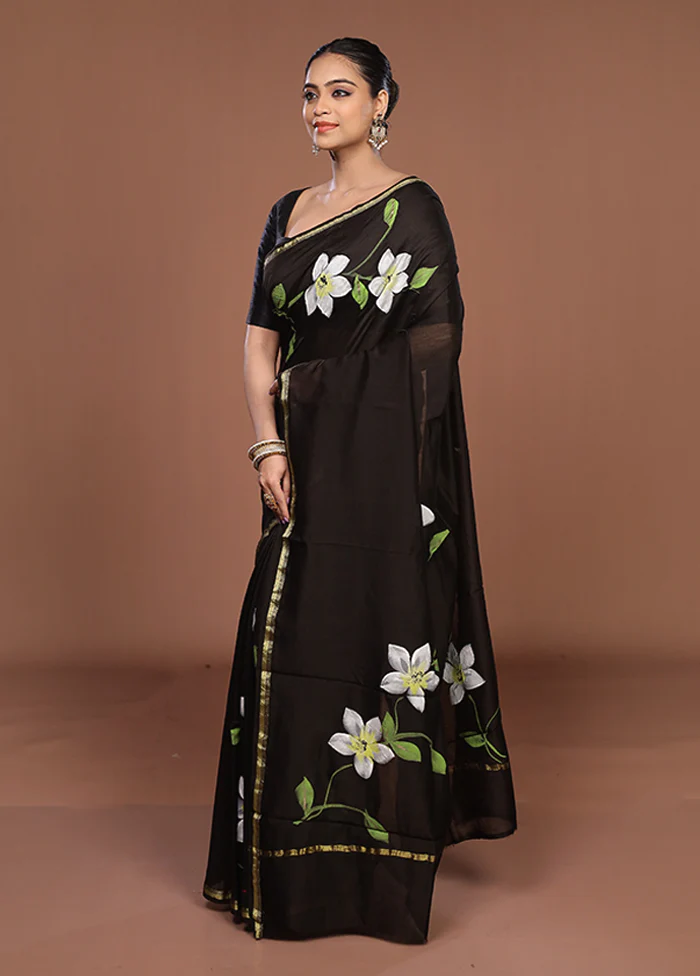 Black Chanderi Silk Saree With Blouse Piece - Image 4