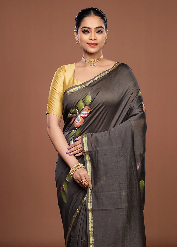 Black Chanderi Silk Saree With Blouse Piece
